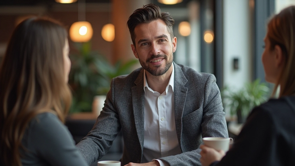 Twee professionals in casual kleding zittend in lounge setting, in gesprek met koffie