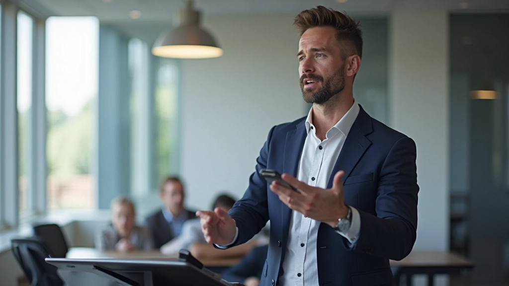 Professionele man geeft een presentatie met zelfvertrouwen in een heldere kantooromgeving