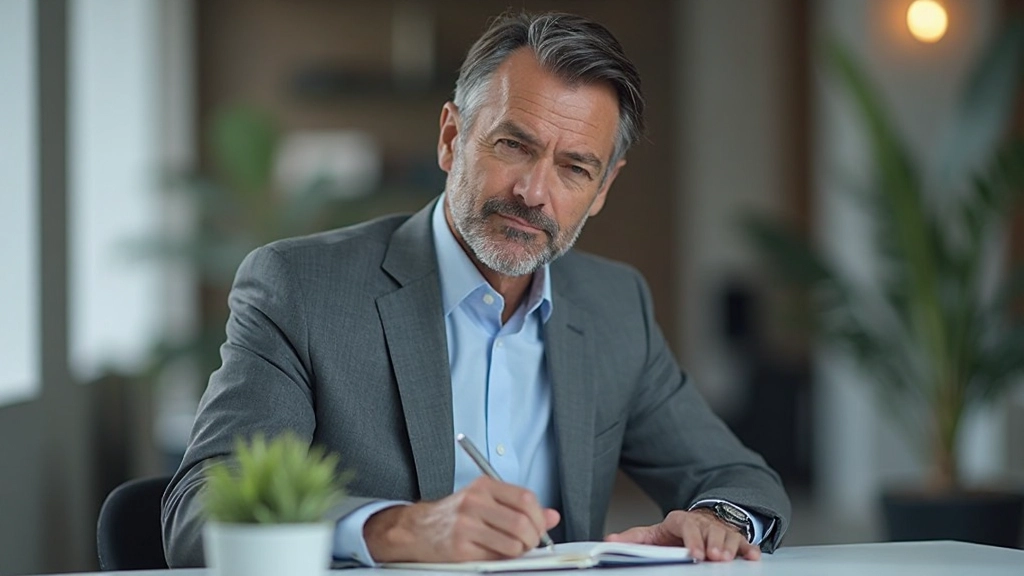 Man in grijs pak zittend op kantoor, notities makend op notitieboek, nadenkende uitdrukking