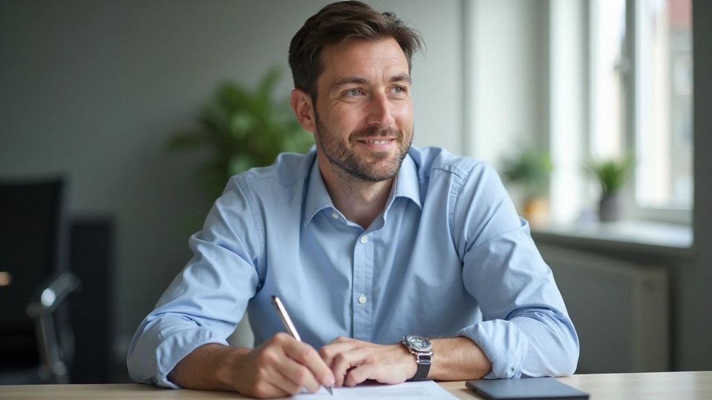 Man aan bureau met aantekeningen, pencil in hand, notitieblok voor zich, concentratie op gezicht, kantoor achtergrond