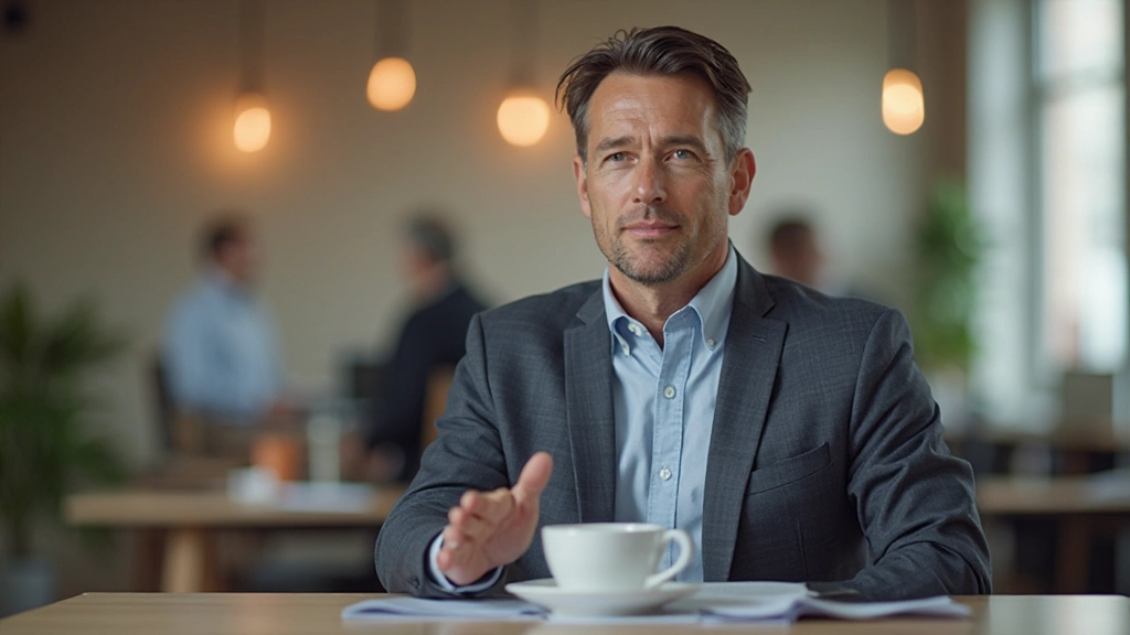 Professional man met zelfvertrouwen, arm op tafel, ondersteunend gebaar, open houding, licht kantoor, vriendelijke uitdrukking, bovenlichaamportret