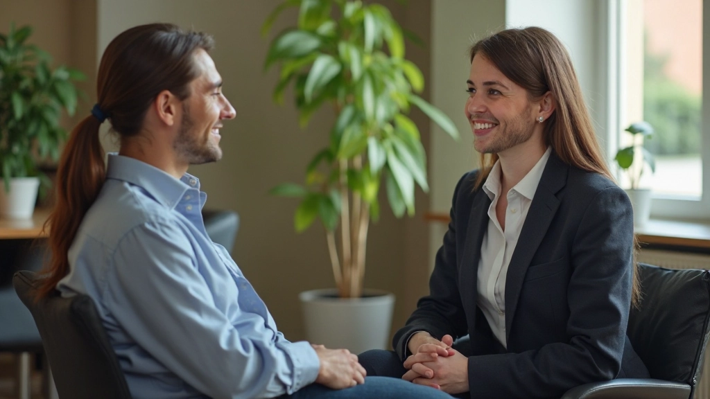 Manager en medewerker in één-op-één gesprek, ontspannen zittinghouding, warme sfeer, kantoor met groen planten