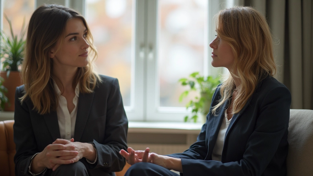 Twee vrouwen in gesprek, gezichten dicht bij elkaar, oogcontact, open houding, kantoorruimte met venster