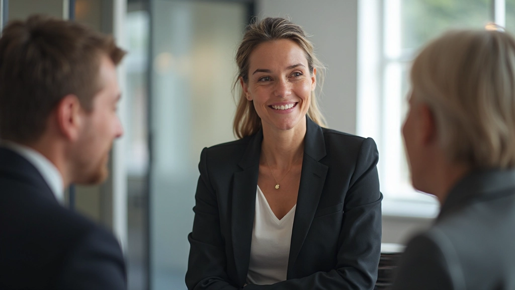 Diverse groep professionals in vergaderruimte, één vrouw spreekt terwijl anderen luisteren