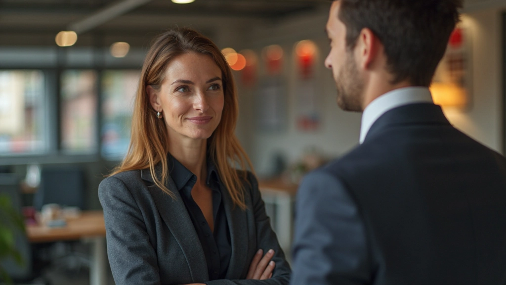 Twee professionals in gesprek, één luistert aandachtig, oogcontact, moderne werkplek met licht, ontspannen sfeer, portret vanuit bovenlichaam