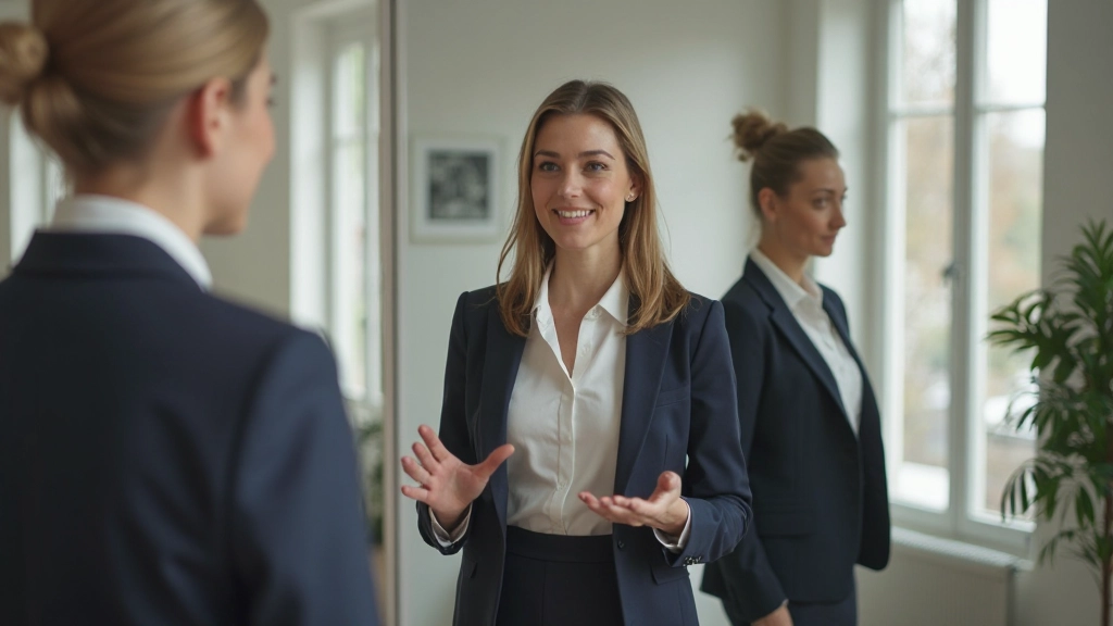 Professionele vrouw oefent presentatie voor spiegel met zelfverzekerde houding