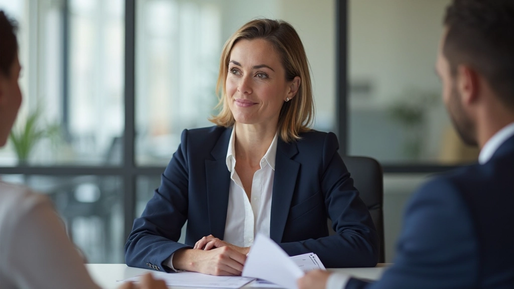 Professionele vrouw van middelbare leeftijd in marineblauw blazer, zittend aan conferentietafel met documenten, gesprek voerend