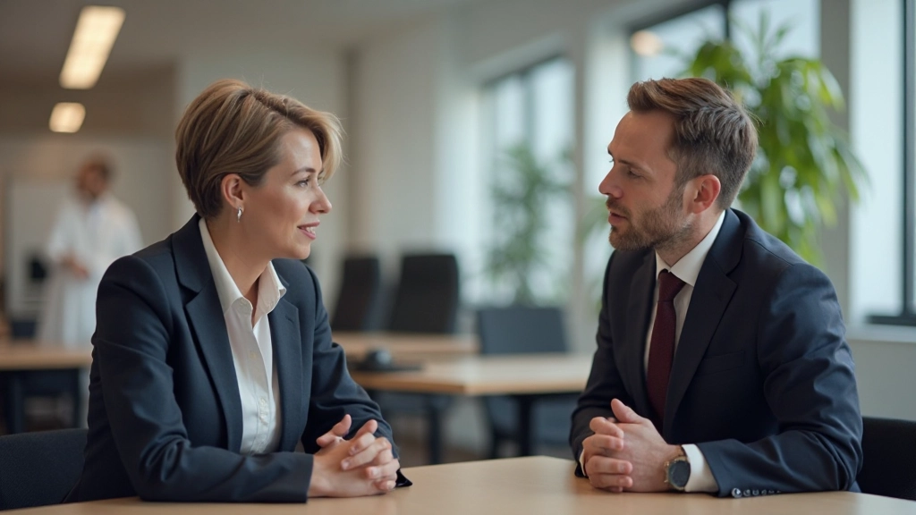 Twee professionals in gesprek aan tafel, geopende lichaamstaal, constructieve communicatie