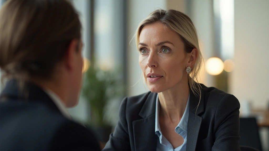 Vrouw in kantoor luistert aandachtig naar collega, actief luisteren, open houding